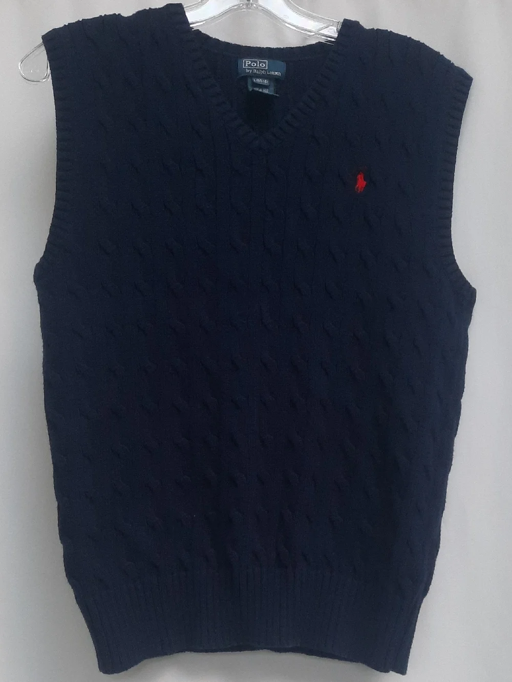 Polo V Neck Cable Knit Cotton Sweater Vest Size Large